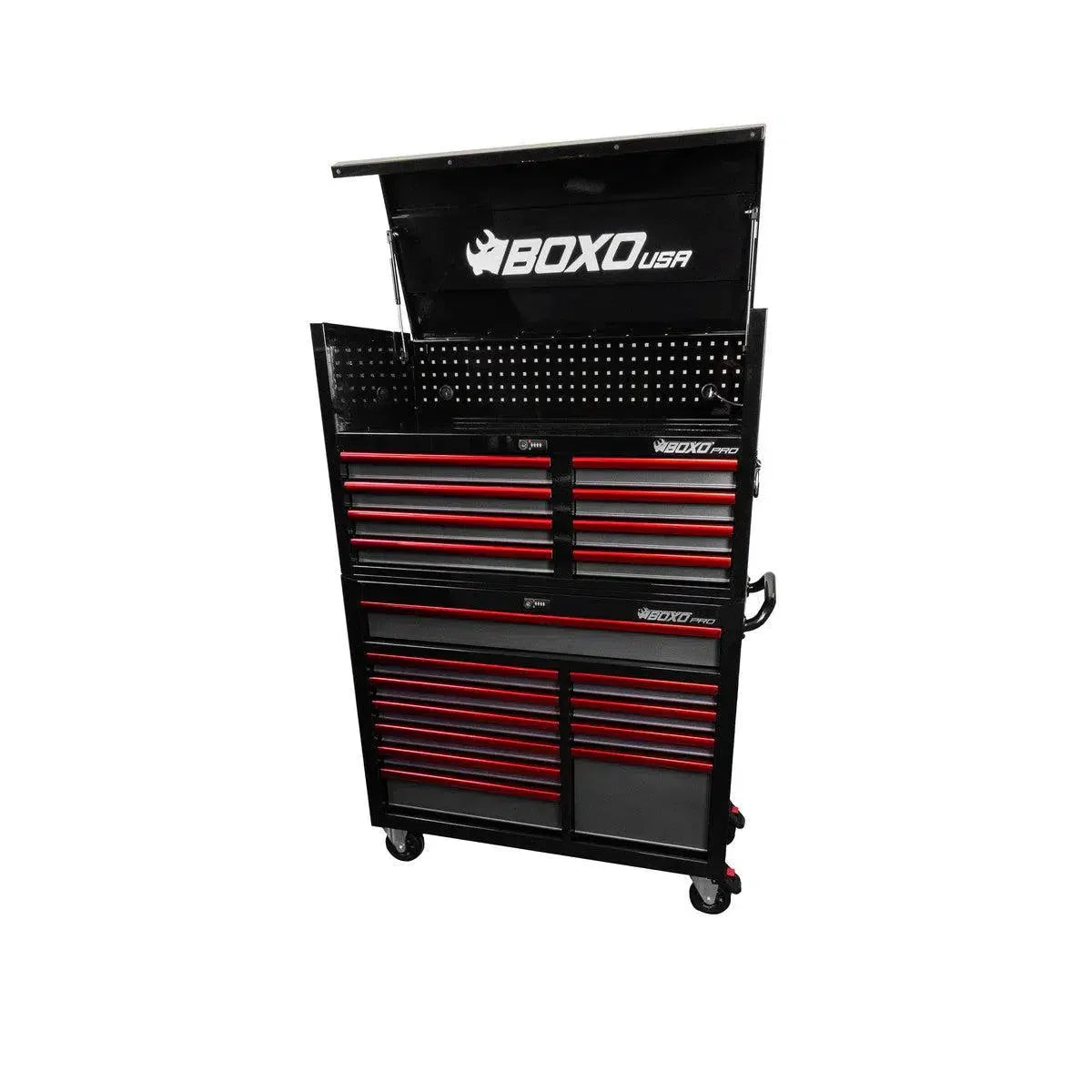 Boxo Pro Series | 45" 19-Drawer Rolling Tool Box | Black and Red
