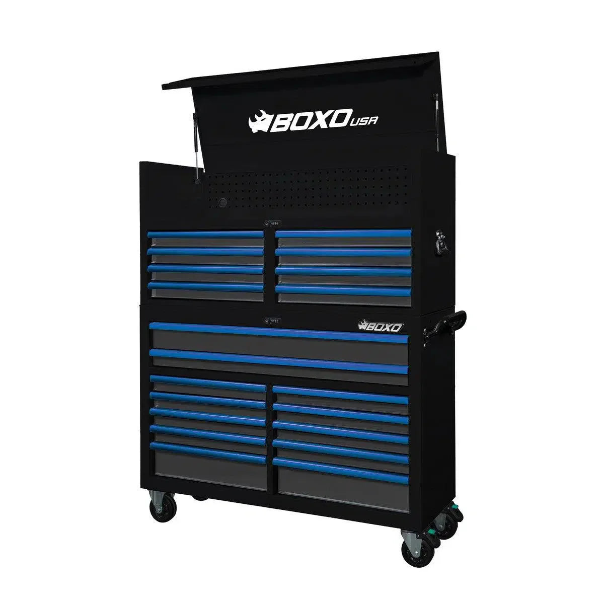 Boxo Pro Series | 53" 20-Drawer Rolling Tool Box | Black and Blue