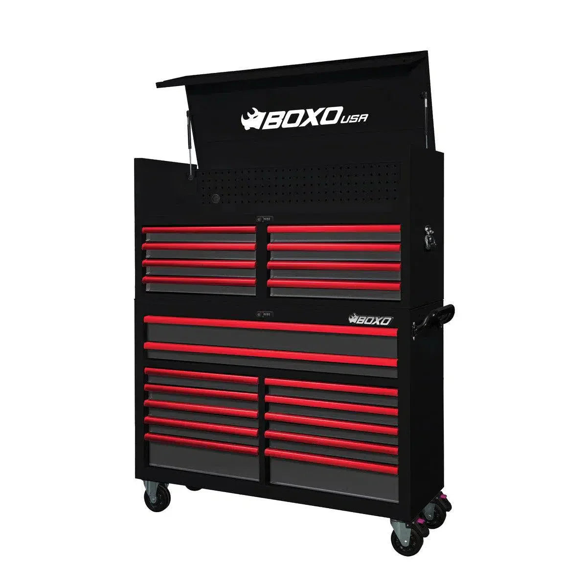 Boxo Pro Series | 53" 20-Drawer Rolling Tool Box | Black and Red