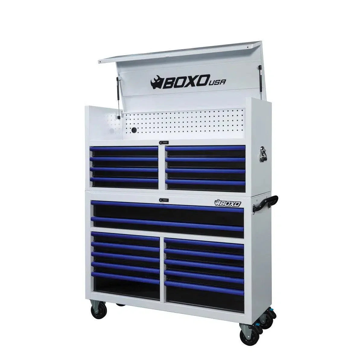 Boxo Pro Series | 53" 20-Drawer Rolling Tool Box | White and Blue