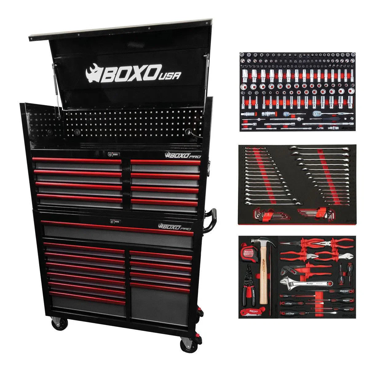 Boxo Pro Series | Loaded 45" 19-Drawer Rolling Tool Box | Black and Red