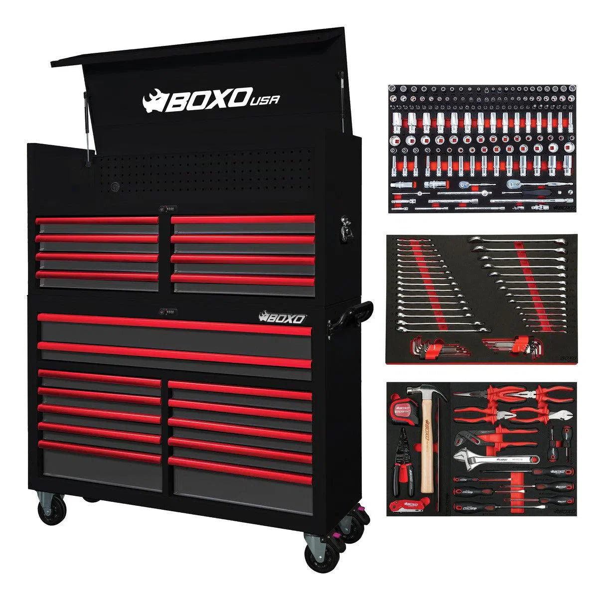 Boxo Pro Series | Loaded 53" 20-Drawer Rolling Tool Box | Black and Red