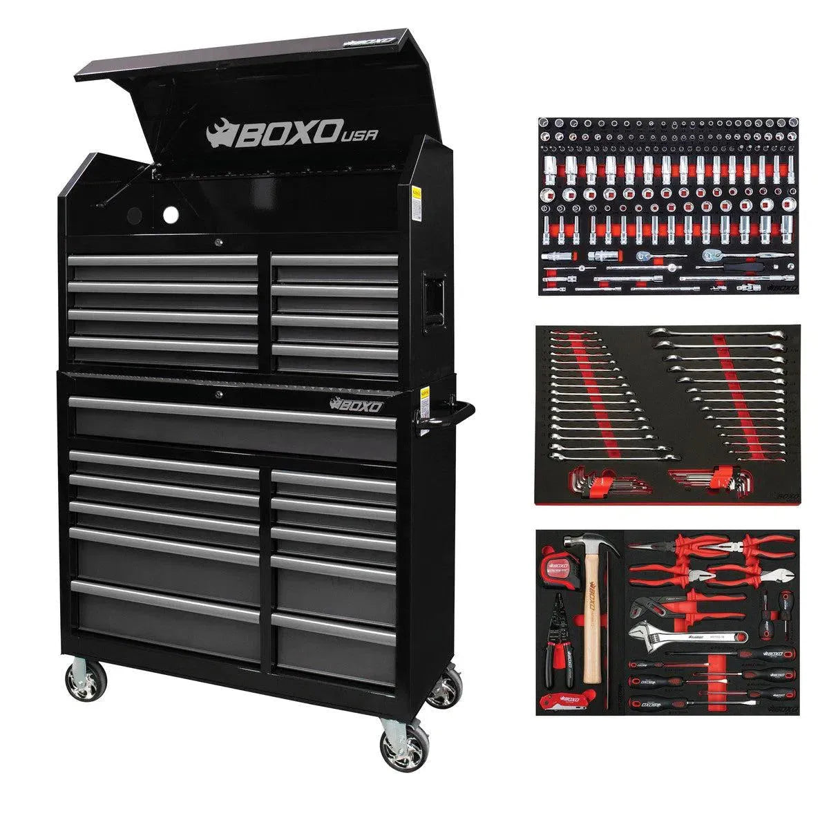 Boxo Tech Series | Loaded 41" 19-Drawer Rolling Tool Box | Black