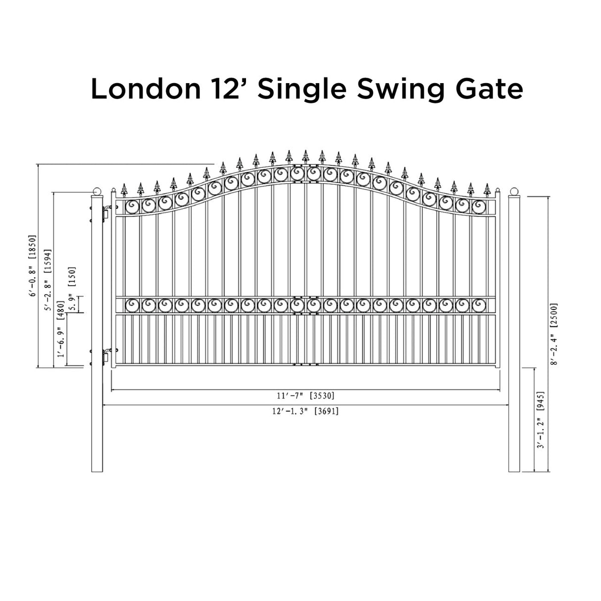 Aleko Steel Single Swing Driveway Gate - LONDON Style - 12 x 6 Feet