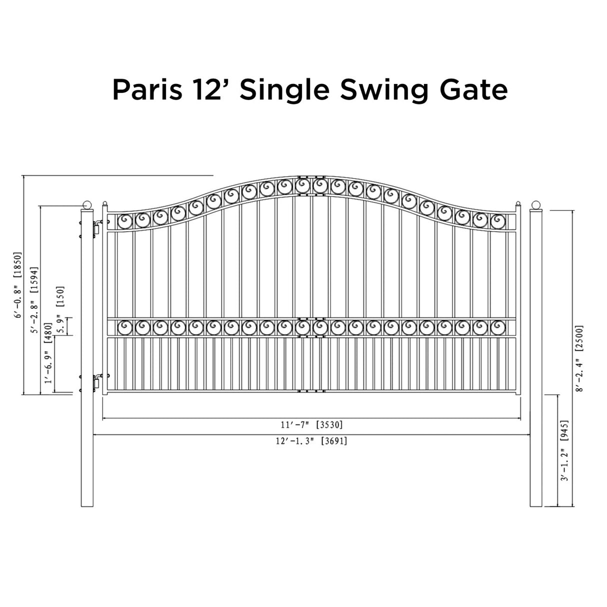 Aleko Steel Single Swing Driveway Gate - PARIS Style - 12 x 6 Feet
