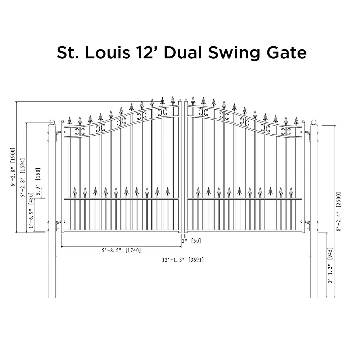 Aleko Steel Dual Swing Driveway Gate - ST.LOUIS Style - 12 x 6 Feet
