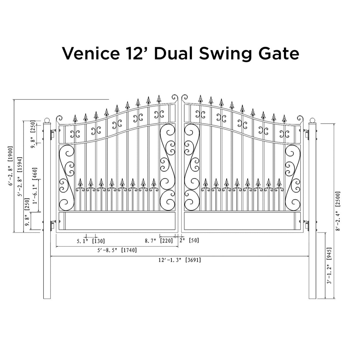 Aleko Steel Dual Swing Driveway Gate - VENICE Style - 12 x 6 Feet