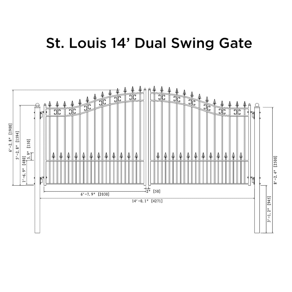 Aleko Steel Dual Swing Driveway Gate - ST.LOUIS Style - 14 x 6 Feet