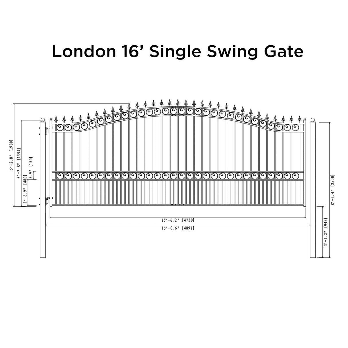 Aleko Steel Single Swing Driveway Gate - LONDON Style - 16 x 6 Feet