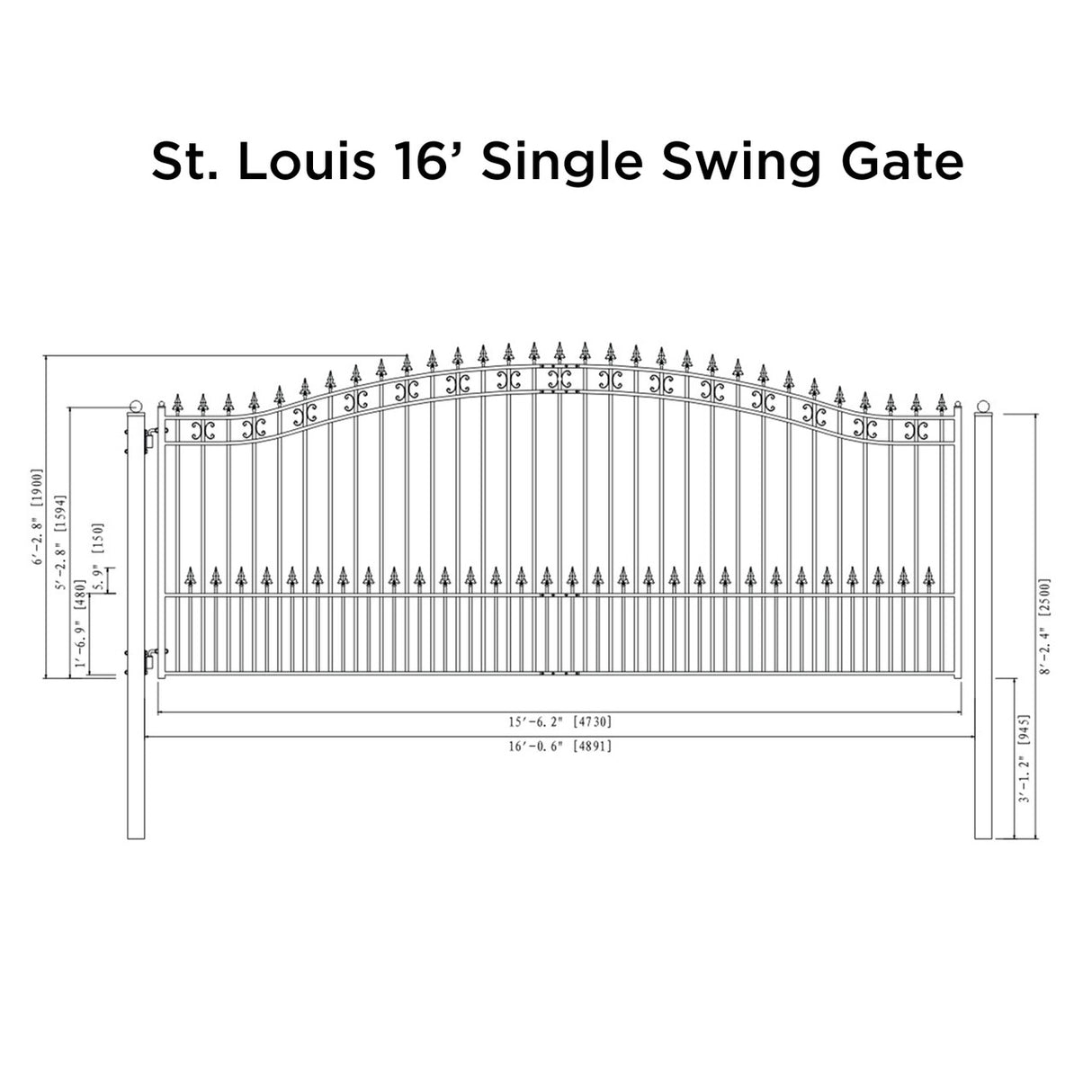 Aleko Steel Single Swing Driveway Gate - ST.LOUIS Style - 16 x 6 Feet