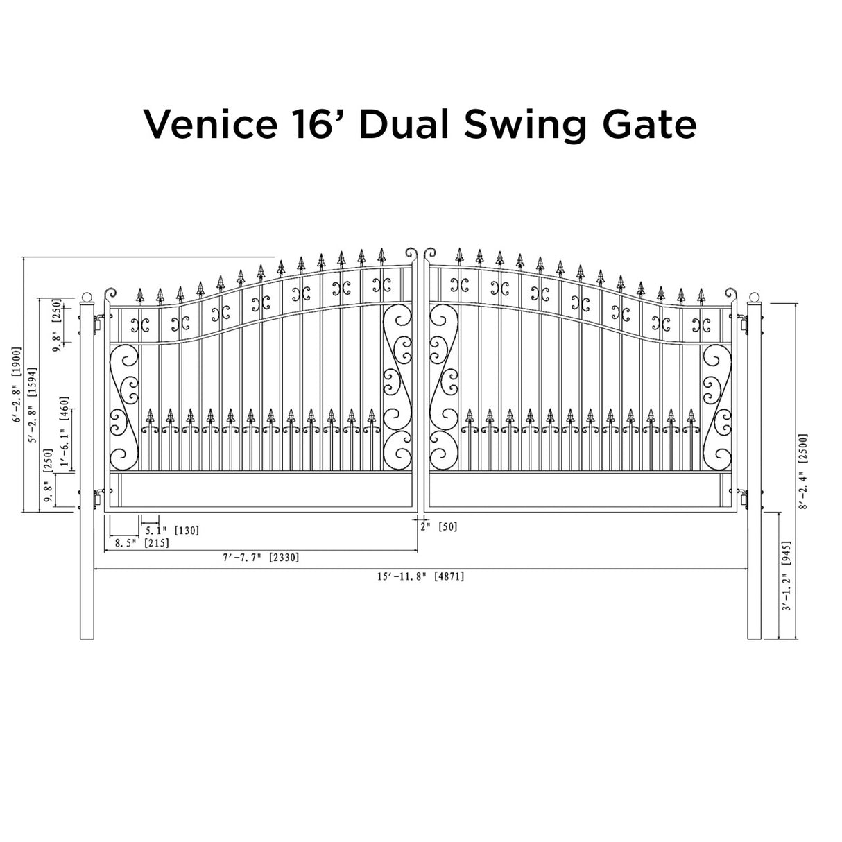 Aleko Steel Dual Swing Driveway Gate - VENICE Style - 16 x 6 Feet