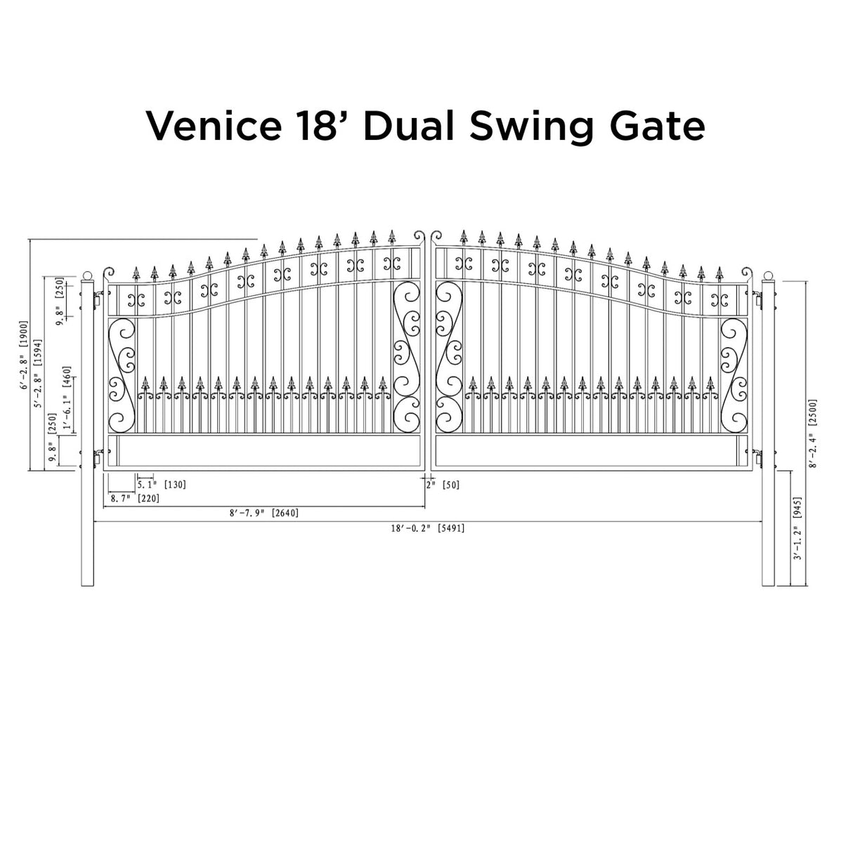 Aleko Steel Dual Swing Driveway Gate - VENICE Style - 18 x 6 Feet