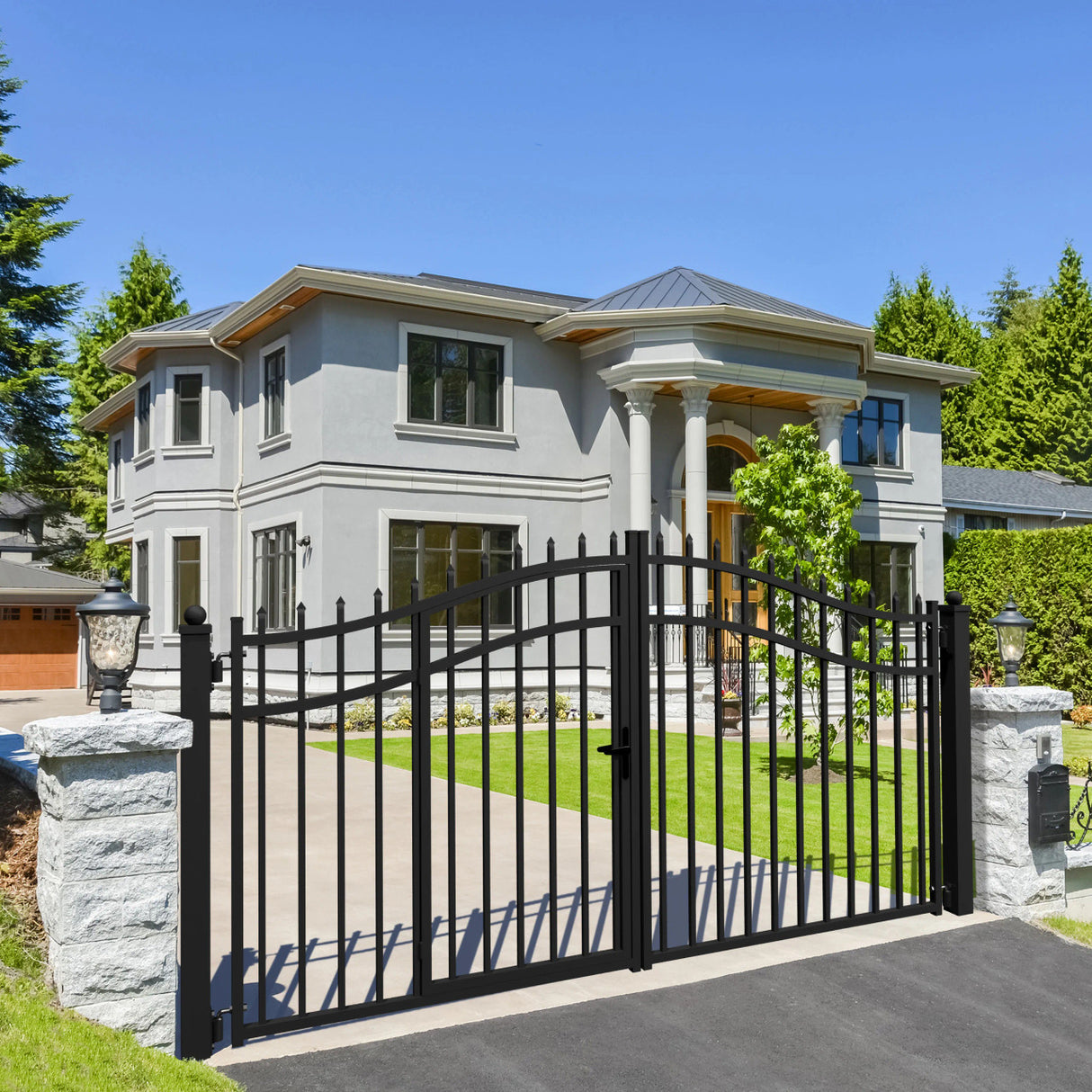 Aleko Steel Dual Swing Driveway Gate with Built-In Pedestrian Door - VIENNA Style - 12 x 7 Feet