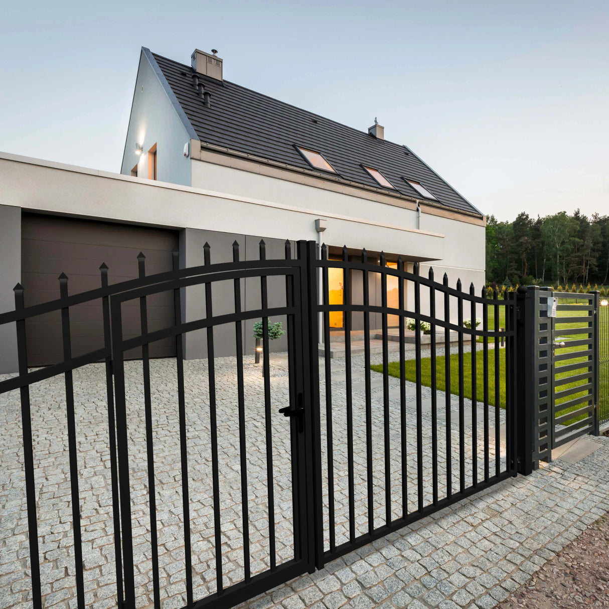 Aleko Steel Dual Swing Driveway Gate with Built-In Pedestrian Door - VIENNA Style - 14 x 7 Feet