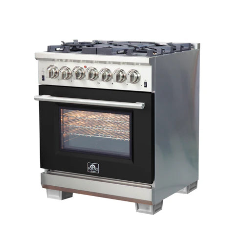 FORNO Capriasca 30" 4.32 cu. ft. Dual Fuel Range with 5 Italian Burners in Black, FFSGS6187-30BLK