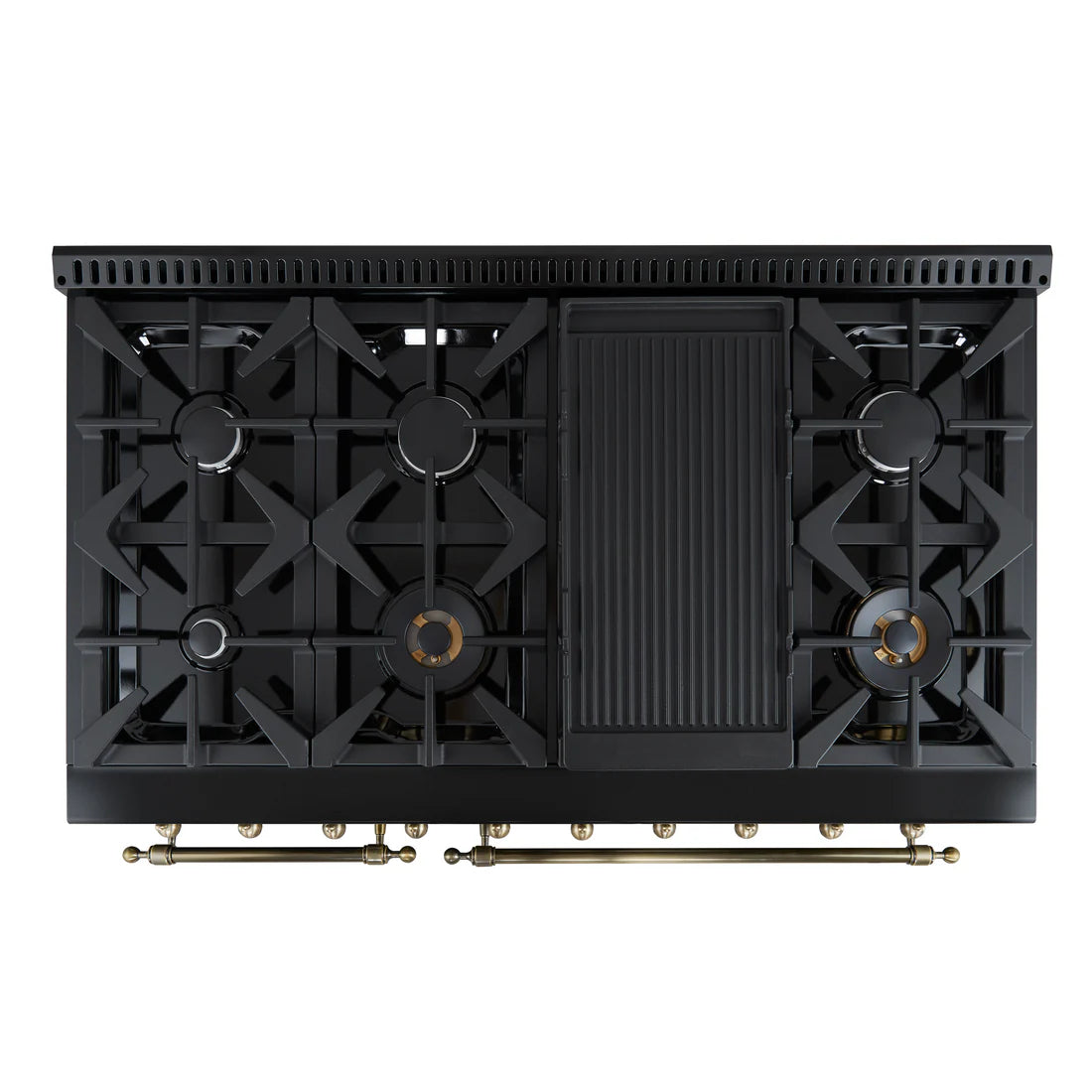FORNO Antico 48" 5.5 cu. ft. Gas Range with 8 Sealed Burners and Griddle in Black with Antique Brass Accents, FFSGS6219-48BLK