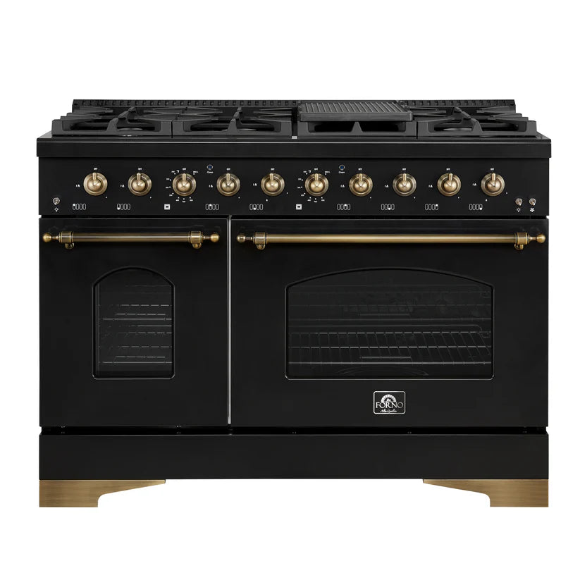 FORNO Antico 48" 5.5 cu. ft. Gas Range with 8 Sealed Burners and Griddle in Black with Antique Brass Accents, FFSGS6219-48BLK