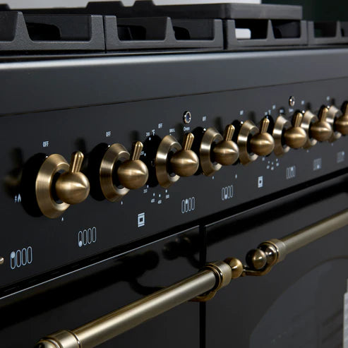 FORNO Antico 48" 5.5 cu. ft. Gas Range with 8 Sealed Burners and Griddle in Black with Antique Brass Accents, FFSGS6219-48BLK