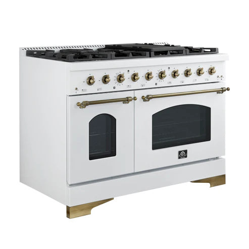 FORNO Antico 48" 5.5 cu. ft. Dual Fuel Range with 8 Sealed Burners and Griddle in White with Antique Brass Accents, FFSGS6113-48WHT