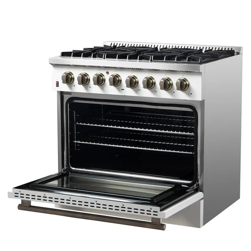 FORNO Galiano 36" 5.36 cu. ft. Dual Fuel Range with 6 Sealed Burners in White with Antique Brass Accents, FFSGS6156-36WHT
