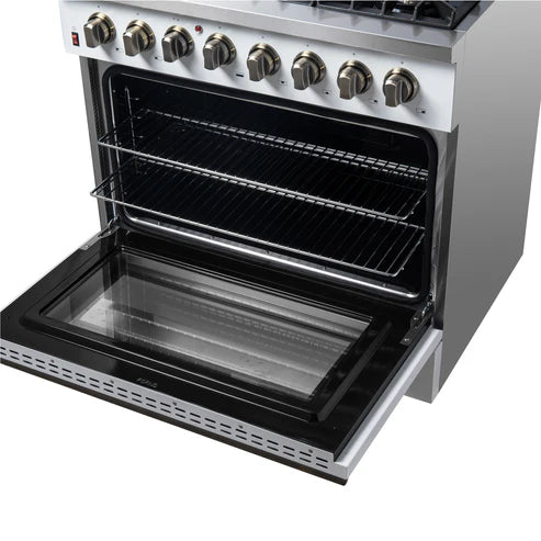FORNO Galiano 36" 5.36 cu. ft. Dual Fuel Range with 6 Sealed Burners in White with Antique Brass Accents, FFSGS6156-36WHT