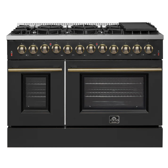 FORNO Galiano 48" 6.58 cu. ft. Dual Fuel Range with 8 Sealed Burners and Griddle in Black with Antique Brass Accents, FFSGS6156-48BLK
