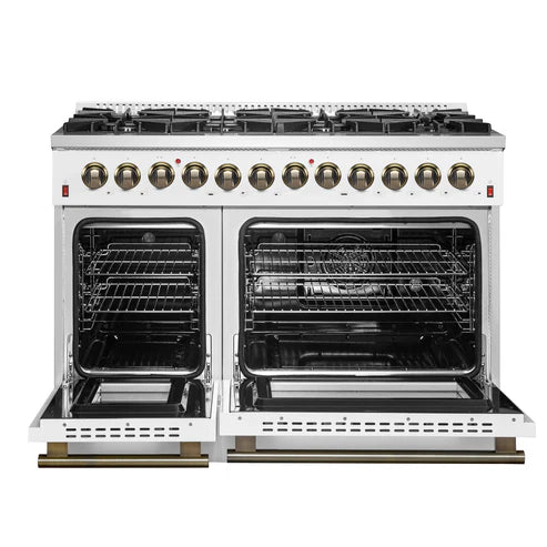 FORNO Galiano 48" 6.58 cu. ft. Dual Fuel Range with 8 Sealed Burners and Griddle in White with Antique Brass Accents, FFSGS6156-48WHT
