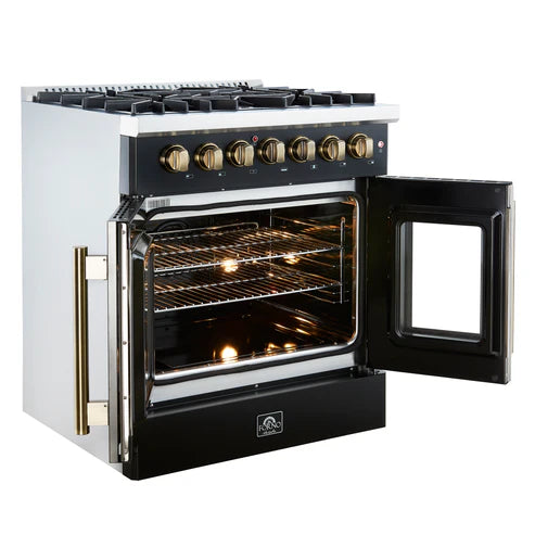 FORNO Galiano 30" 4.32 cu. ft. French Door Dual Fuel Range with 5 Sealed Burners in Black with Antique Brass Accents, FFSGS6356-30BLK