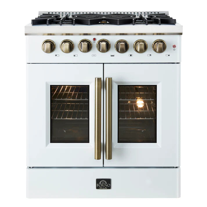 FORNO Galiano 30" 4.32 cu. ft. French Door Dual Fuel Range with 5 Sealed Burners in White with Antique Brass Accents, FFSGS6356-30WHT
