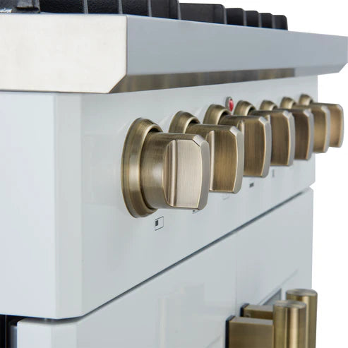 FORNO Galiano 30" 4.32 cu. ft. French Door Dual Fuel Range with 5 Sealed Burners in White with Antique Brass Accents, FFSGS6356-30WHT