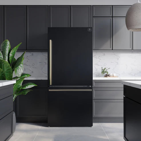 FORNO Espresso Milano 31" 17.2 cu. ft. Right Swing Refrigerator and Bottom Freezer in Black with Antique Brass Handles, FFFFD1785-31BLK
