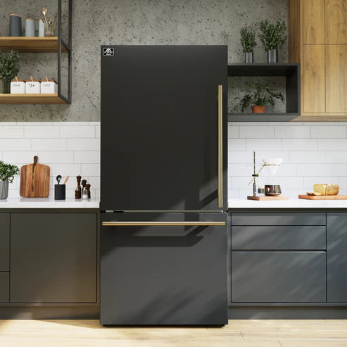 FORNO Espresso Milano 31" 17.2 cu. ft. Left Swing Refrigerator and Bottom Freezer with Ice Maker in Black and Antique Brass Handles, FFFFD1786-31BLK
