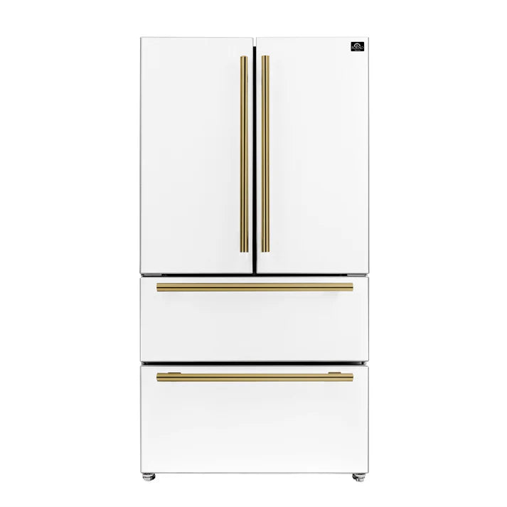FORNO Espresso Moena 36" 19.2 cu. ft. Refrigerator with Ice Maker in White with Antique Brass Handles, FFRBI1820-36WHT