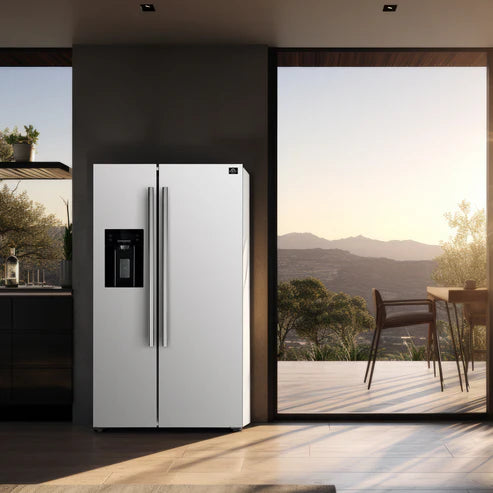 FORNO Espresso Salerno 36" 20 cu. ft. Side-By-Side Refrigerator with Water and Ice Dispenser in White with Silver Handles