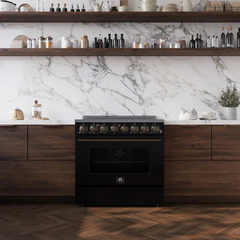 FORNO Paolo 36" 5.44 cu. ft. Freestanding Electric Range with True Convection Oven in Black with Antique Brass Accents, FFSEL6011-36BLK