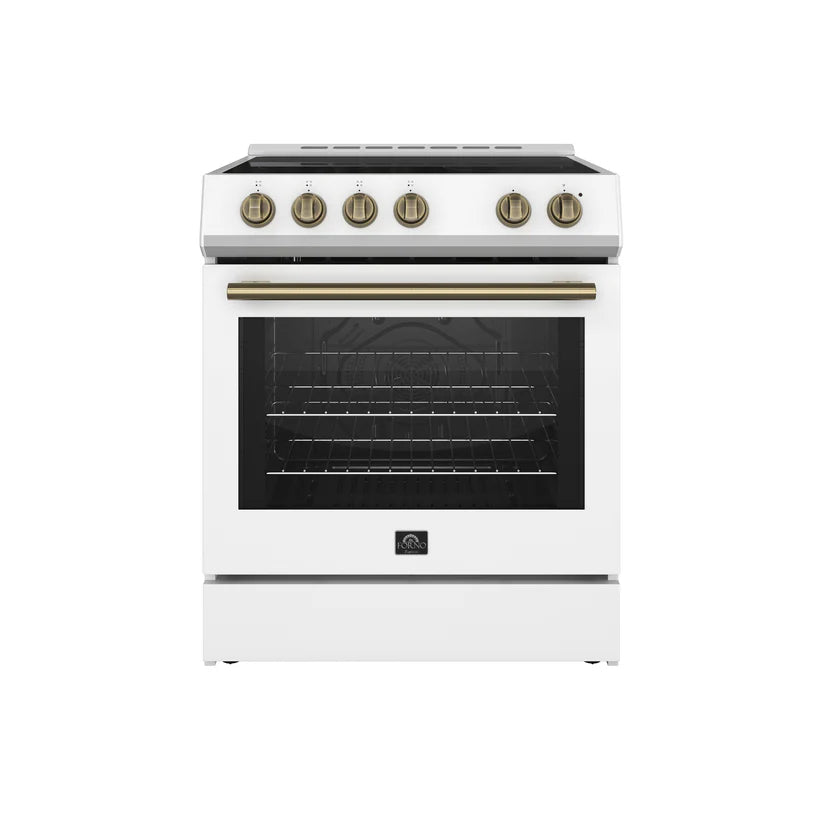 FORNO Espresso Leonardo 30" 5 cu. ft. Electric Range in White with Antique Brass Handles, FFSEL6012-30WHT