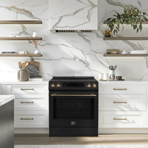 FORNO Espresso Donatello 30" 5 cu. ft. Induction Range with Air Fry and Self-Clean in Black and Silver Handles, FFSIN0905-30BLK