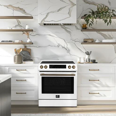FORNO Espresso Donatello 30" 5 cu. ft. Induction Range with Air Fry and Self-Clean in White and Silver Handles, FFSIN0905-30WHT