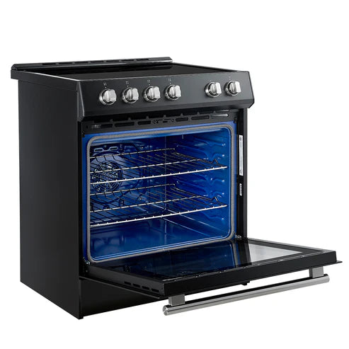 FORNO Espresso Leonardo 30" 5 cu. ft. Induction Range with Knob Control in Black and Antique Brass Accents, FFSIN0982-30BLK