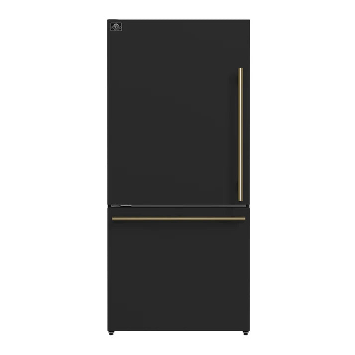 FORNO Espresso Milano 31" 17.2 cu. ft. Left Swing Refrigerator and Bottom Freezer with Ice Maker in Black and Antique Brass Handles, FFFFD1786-31BLK
