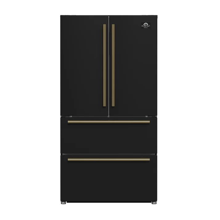 FORNO Espresso Moena 36" 19.2 cu. ft. Refrigerator with Ice Maker in Black with Antique Brass Handles, FFRBI1820-36BLK