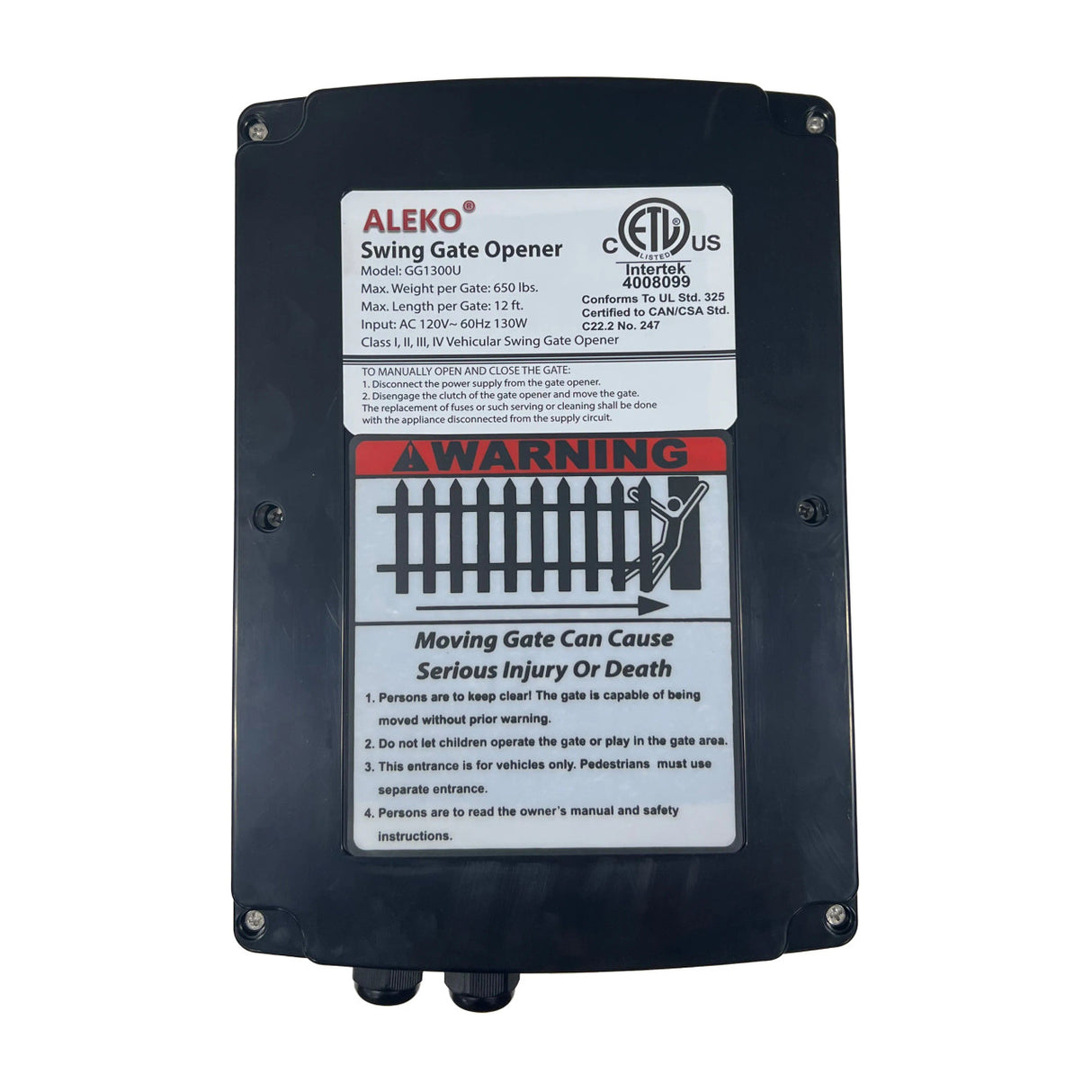 Aleko Dual Swing Gate Operator - GG1300/AS1300 AC/DC - Back-up Kit ACC2