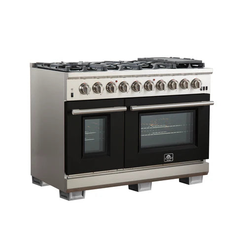 FORNO Capriasca 48″ 6.58 cu. ft. Gas Range with 8 Italian Burners in Black, FFSGS6260-48BLK