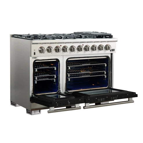 FORNO Capriasca 48″ 6.58 cu. ft. Gas Range with 8 Italian Burners in Black, FFSGS6260-48BLK