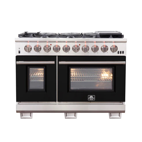 FORNO Capriasca 48″ 6.58 cu. ft. Gas Range with 8 Italian Burners in Black, FFSGS6260-48BLK
