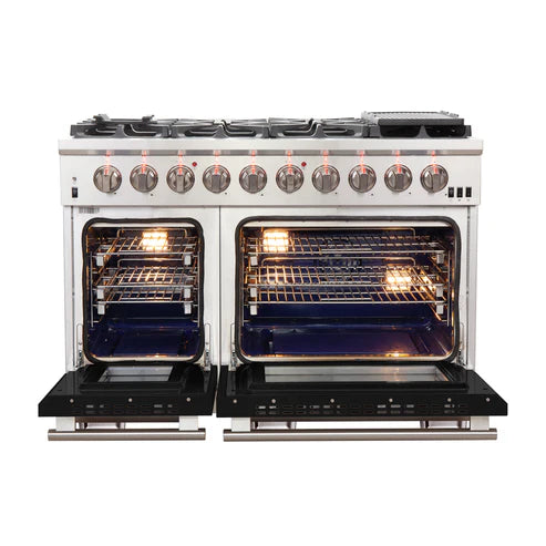FORNO Capriasca 48″ 6.58 cu. ft. Gas Range with 8 Italian Burners in Black, FFSGS6260-48BLK