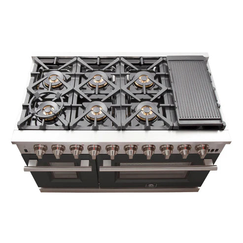 FORNO Capriasca 48″ 6.58 cu. ft. Gas Range with 8 Italian Burners in Black, FFSGS6260-48BLK