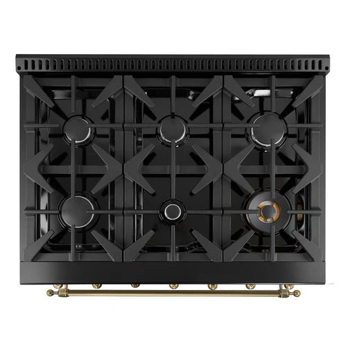 FORNO Antico 36" 4.5 cu. ft. Gas Range with 6 Sealed Burners in Black with Antique Brass Accents, FFSGS6219-36BLK