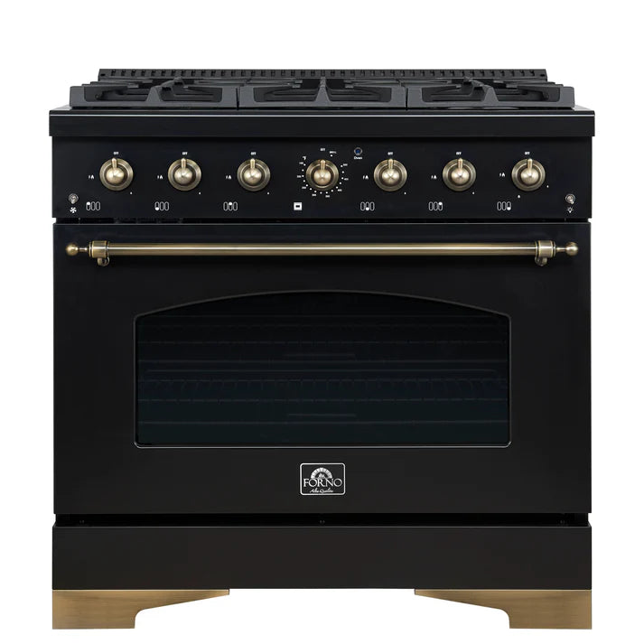 FORNO Antico 36" 4.5 cu. ft. Gas Range with 6 Sealed Burners in Black with Antique Brass Accents, FFSGS6219-36BLK