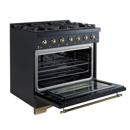 FORNO Antico 36" 4.5 cu. ft. Gas Range with 6 Sealed Burners in Black with Antique Brass Accents, FFSGS6219-36BLK